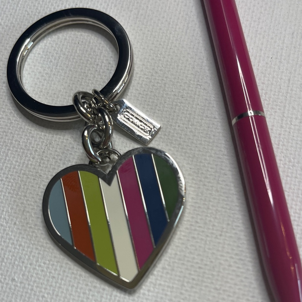 Coach Multicolor Striped Heart Key Ring - Silver Hardware - Picture 2 of 6